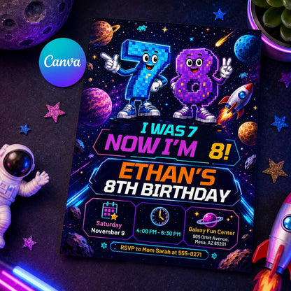 I Was 7 Now Im 8 Birthday Invitation, Editable Space Pixel Party Invite, Boy 8th Birthday Galaxy Arcade Template, Printable Space Theme __etsy:8129923392