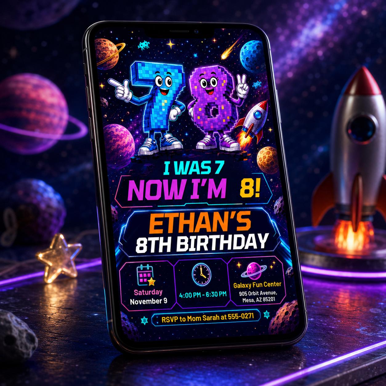 I Was 7 Now Im 8 Birthday Invitation, Editable Space Pixel Party Invite, Boy 8th Birthday Galaxy Arcade Template, Printable Space Theme __etsy:8177821571