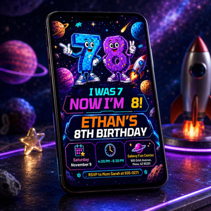 I Was 7 Now Im 8 Birthday Invitation, Editable Space Pixel Party Invite, Boy 8th Birthday Galaxy Arcade Template, Printable Space Theme __etsy:8177821571