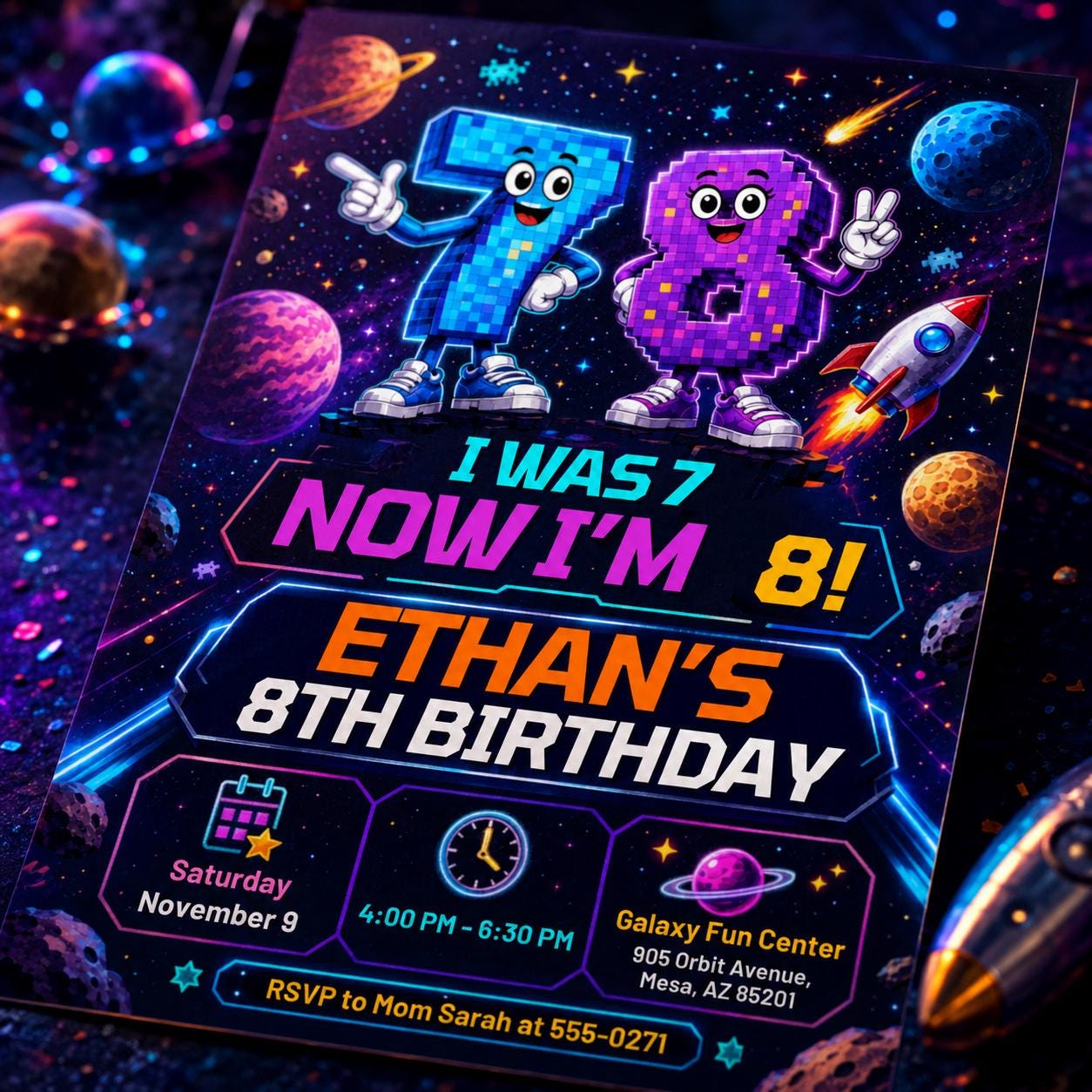 I Was 7 Now Im 8 Birthday Invitation, Editable Space Pixel Party Invite, Boy 8th Birthday Galaxy Arcade Template, Printable Space Theme __etsy:8129923464