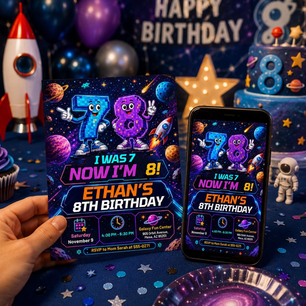 I Was 7 Now Im 8 Birthday Invitation, Editable Space Pixel Party Invite, Boy 8th Birthday Galaxy Arcade Template, Printable Space Theme __etsy:8129923468