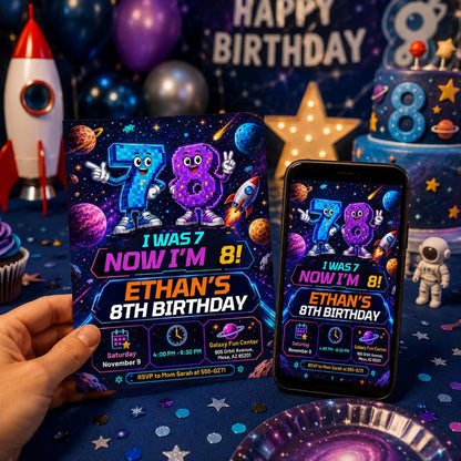 I Was 7 Now Im 8 Birthday Invitation, Editable Space Pixel Party Invite, Boy 8th Birthday Galaxy Arcade Template, Printable Space Theme __etsy:8129923468