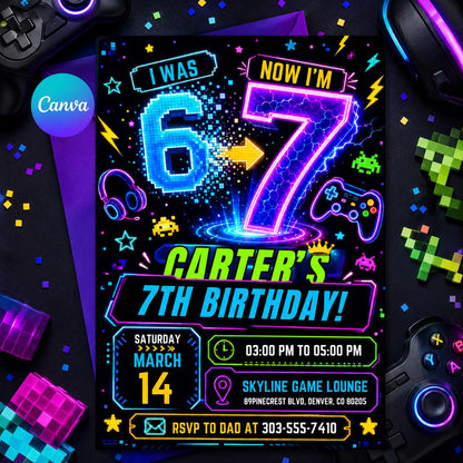 I was 6 now I'm 7 Neon Birthday, Six Seven Viral Theme Party, Neon Blue Green Pink Glow Invite, Gamer Theme Editable Canva Template __etsy:8038703584