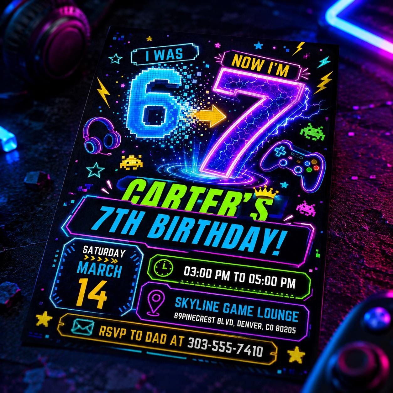 I was 6 now I'm 7 Neon Birthday, Six Seven Viral Theme Party, Neon Blue Green Pink Glow Invite, Gamer Theme Editable Canva Template __etsy:8086615847