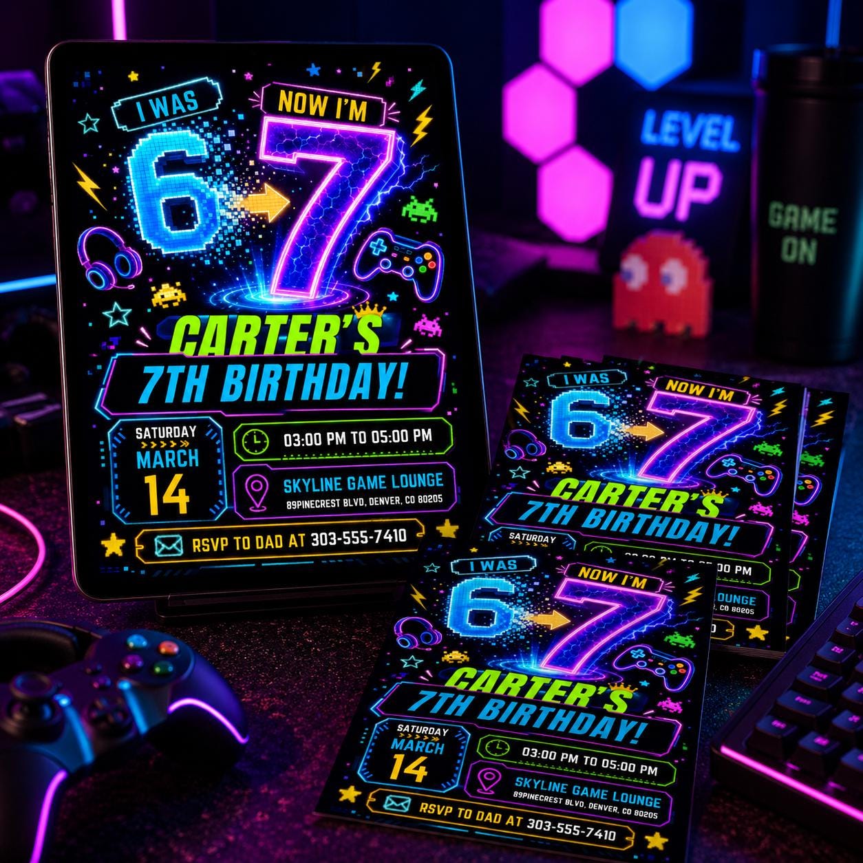 I was 6 now I'm 7 Neon Birthday, Six Seven Viral Theme Party, Neon Blue Green Pink Glow Invite, Gamer Theme Editable Canva Template __etsy:8086615845