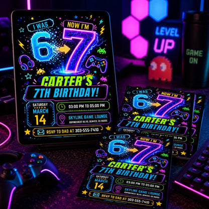 I was 6 now I'm 7 Neon Birthday, Six Seven Viral Theme Party, Neon Blue Green Pink Glow Invite, Gamer Theme Editable Canva Template __etsy:8086615845