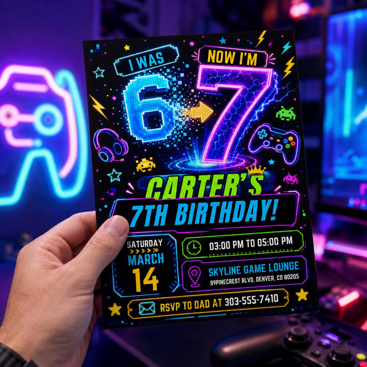 I was 6 now I'm 7 Neon Birthday, Six Seven Viral Theme Party, Neon Blue Green Pink Glow Invite, Gamer Theme Editable Canva Template __etsy:8086615841