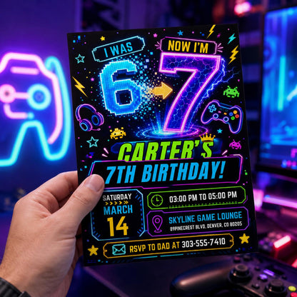 I was 6 now I'm 7 Neon Birthday, Six Seven Viral Theme Party, Neon Blue Green Pink Glow Invite, Gamer Theme Editable Canva Template __etsy:8086615841