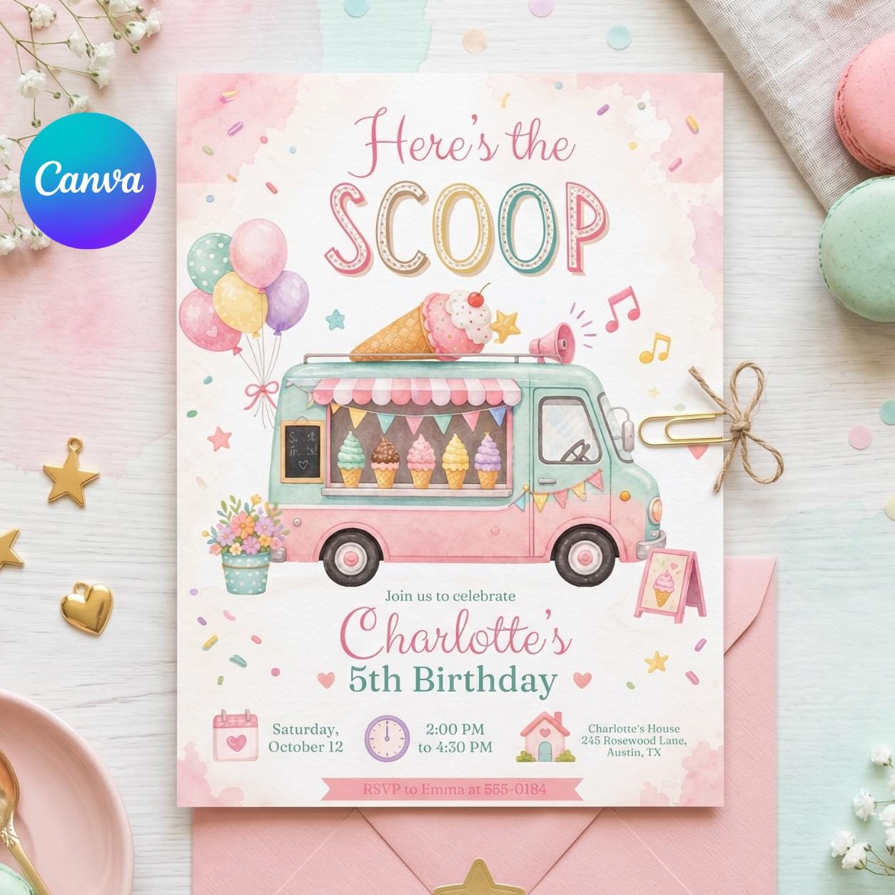 Ice Cream Truck Birthday Invitation Template, Here's The Scoop Birthday Invitation, Ice Cream Birthday, Summer Invite, Canva Template __etsy:8035883613