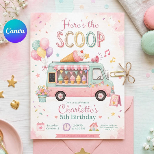 Ice Cream Truck Birthday Invitation Template, Here's The Scoop Birthday Invitation, Ice Cream Birthday, Summer Invite, Canva Template __etsy:8035883613