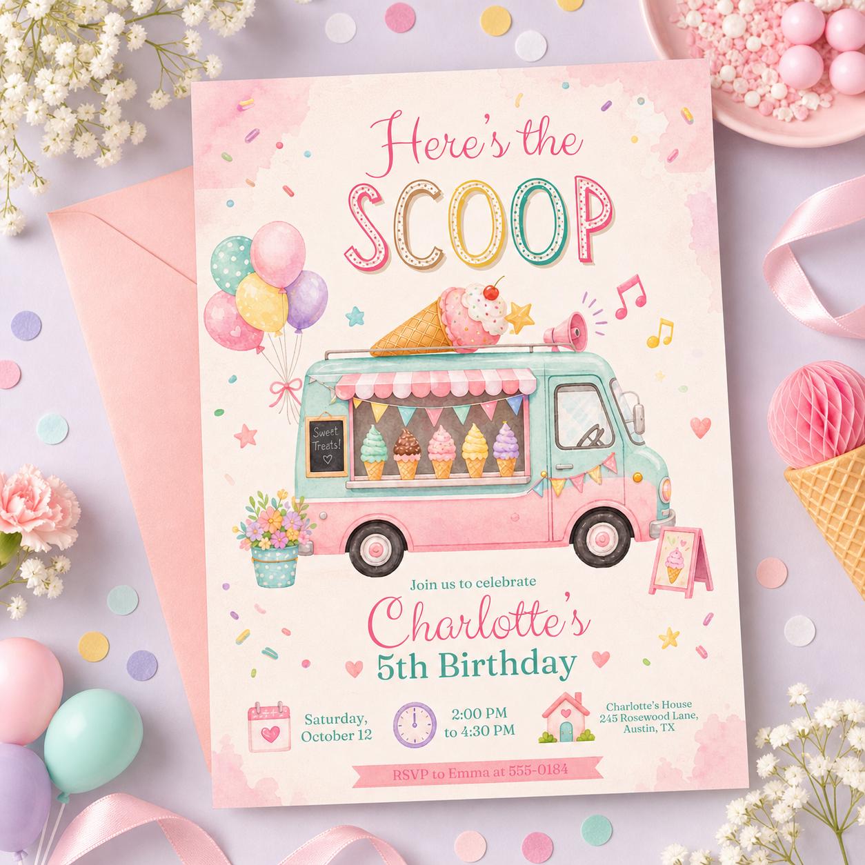 Ice Cream Truck Birthday Invitation Template, Here's The Scoop Birthday Invitation, Ice Cream Birthday, Summer Invite, Canva Template __etsy:8035794457