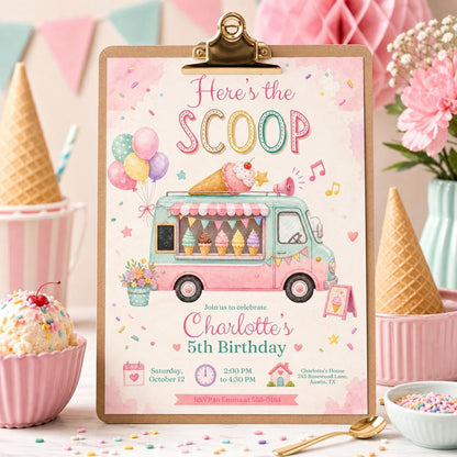 Ice Cream Truck Birthday Invitation Template, Here's The Scoop Birthday Invitation, Ice Cream Birthday, Summer Invite, Canva Template __etsy:7987855000