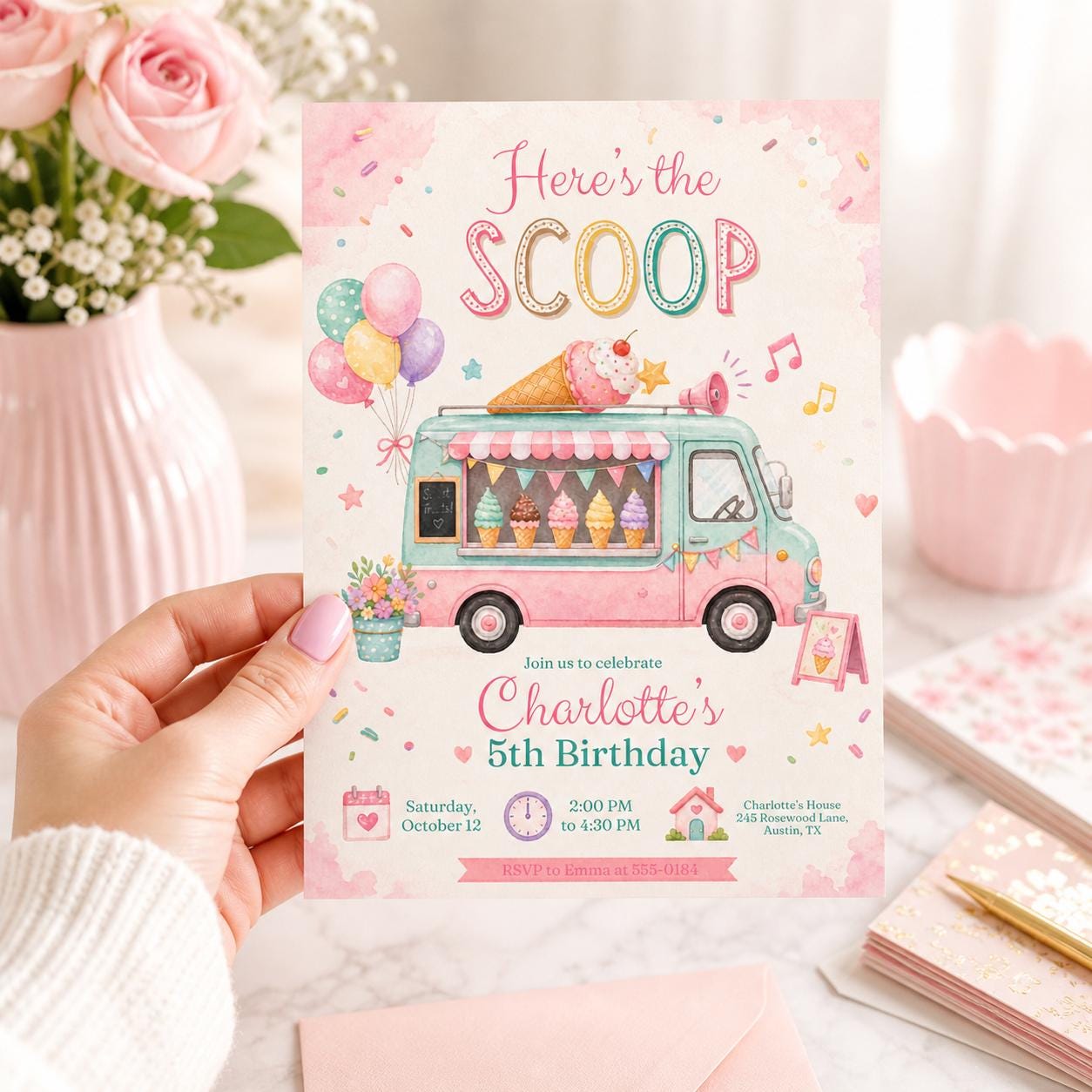 Ice Cream Truck Birthday Invitation Template, Here's The Scoop Birthday Invitation, Ice Cream Birthday, Summer Invite, Canva Template __etsy:7987855026