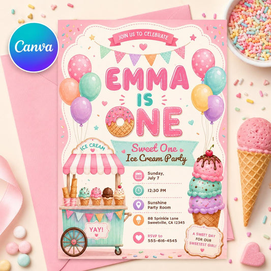 Ice Cream 1st Birthday Invitation, Sweet One First Birthday Invitation, Sweet Party Invitation, Ice Cream Birthday Invite, Canva Template __etsy:8047104864