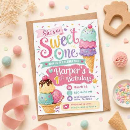 Ice Cream 1st Birthday Invitation, Sweet One First Birthday Invitation, Sweet Party Invitation, Ice Cream Birthday Invite, Canva Template __etsy:7999196550