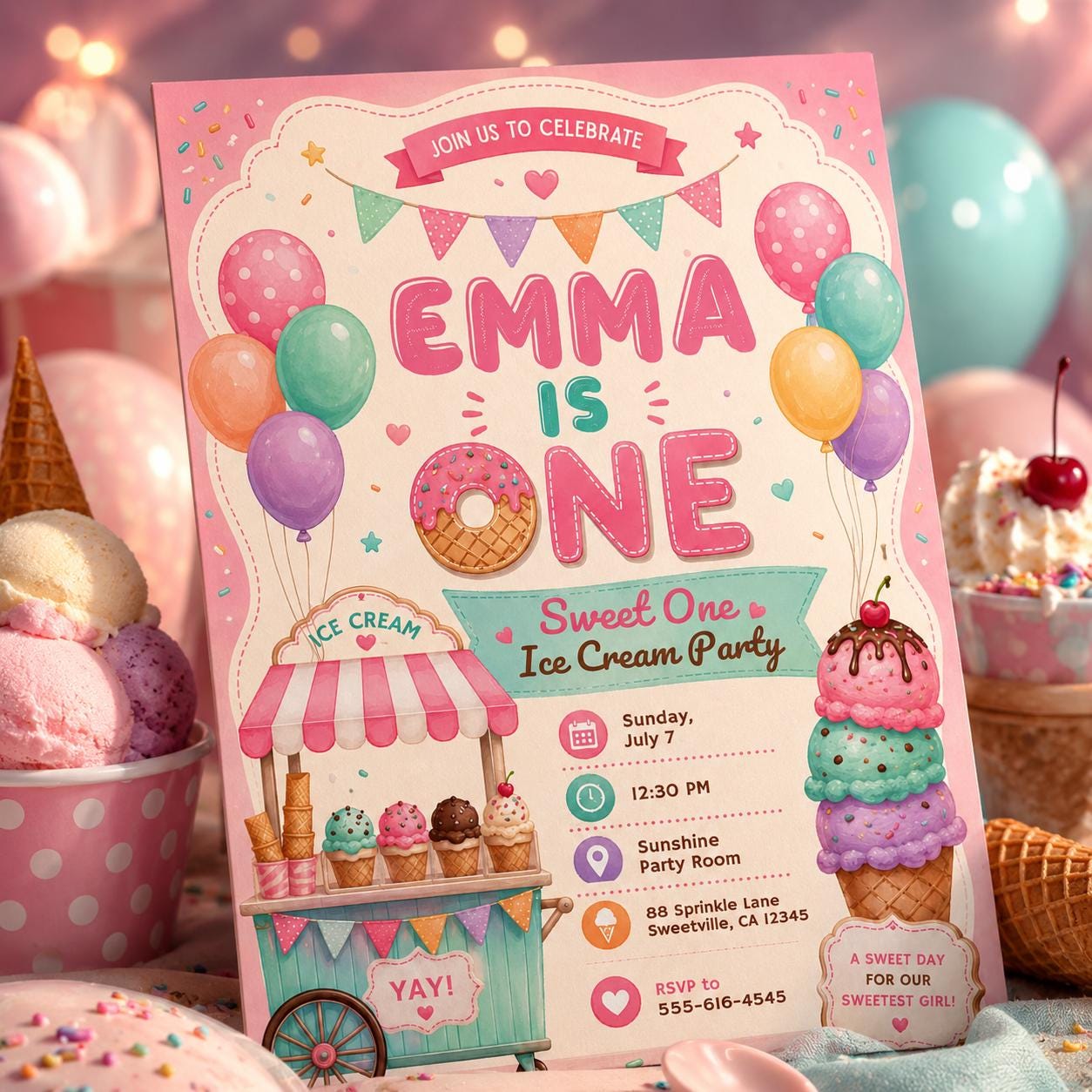 Ice Cream 1st Birthday Invitation, Sweet One First Birthday Invitation, Sweet Party Invitation, Ice Cream Birthday Invite, Canva Template __etsy:8095013259