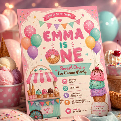 Ice Cream 1st Birthday Invitation, Sweet One First Birthday Invitation, Sweet Party Invitation, Ice Cream Birthday Invite, Canva Template __etsy:8095013259