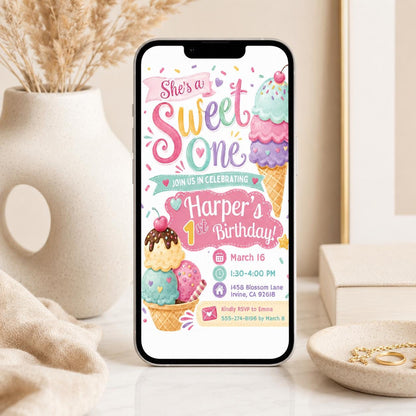Ice Cream 1st Birthday Invitation, Sweet One First Birthday Invitation, Sweet Party Invitation, Ice Cream Birthday Invite, Canva Template __etsy:7999196530
