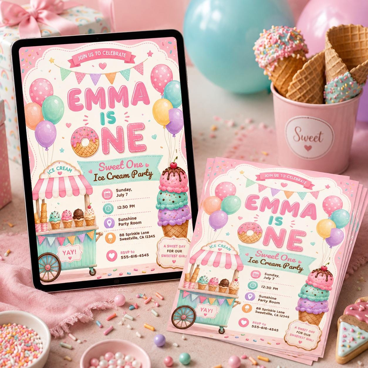 Ice Cream 1st Birthday Invitation, Sweet One First Birthday Invitation, Sweet Party Invitation, Ice Cream Birthday Invite, Canva Template __etsy:8095013465