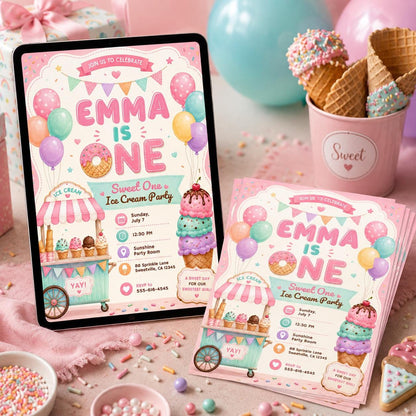 Ice Cream 1st Birthday Invitation, Sweet One First Birthday Invitation, Sweet Party Invitation, Ice Cream Birthday Invite, Canva Template __etsy:8095013465