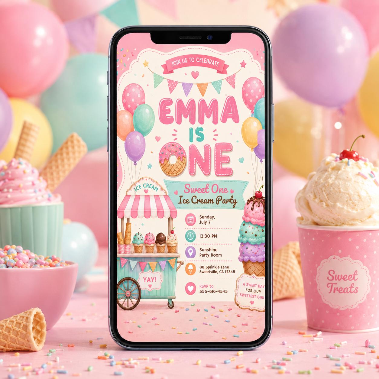 Ice Cream 1st Birthday Invitation, Sweet One First Birthday Invitation, Sweet Party Invitation, Ice Cream Birthday Invite, Canva Template __etsy:8047105898