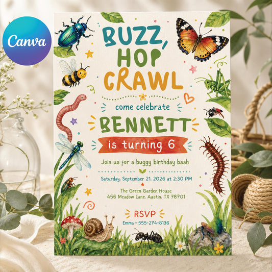 Insect Bugs Birthday Invitation, Buzz Hop Crawl, Outdoor Invite Nature Theme Party, Bugs Birthday Invitation, Canva Editable Template __etsy:7976658460