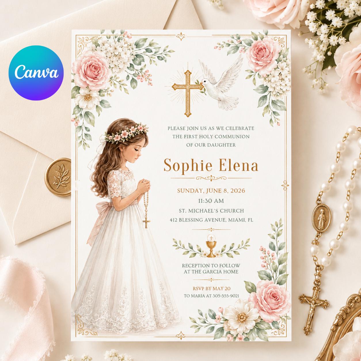 Invitación Editable de Primera Comunión Niña, Plantilla Canva, Invitación Elegante Floral para Primera Comunión, Canva Template __etsy:8080819775