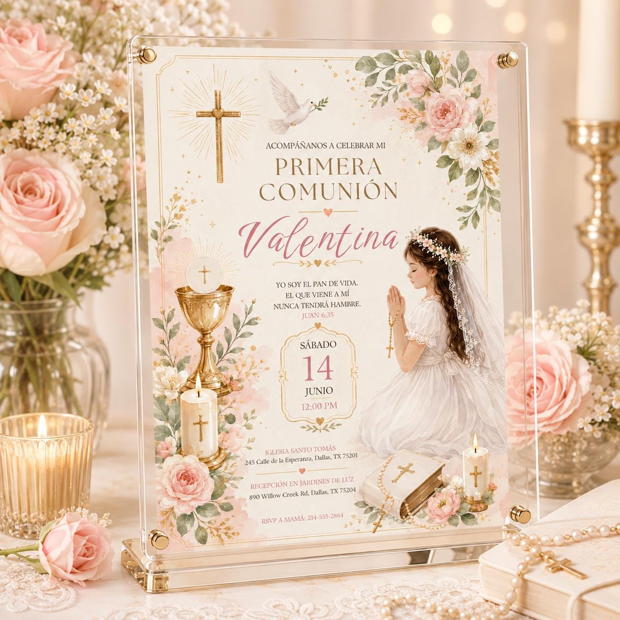 Invitación Editable de Primera Comunión Niña, Plantilla Canva, Invitación Elegante Floral para Primera Comunión, Canva Template __etsy:7999382898