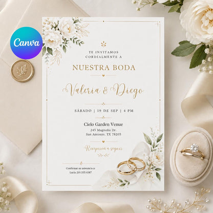 Invitación para Boda en Español para Editar, Elegant White Floral Engagement Ring Spanish Wedding Invitation Editable Wedding Canva Template __etsy:8080514647