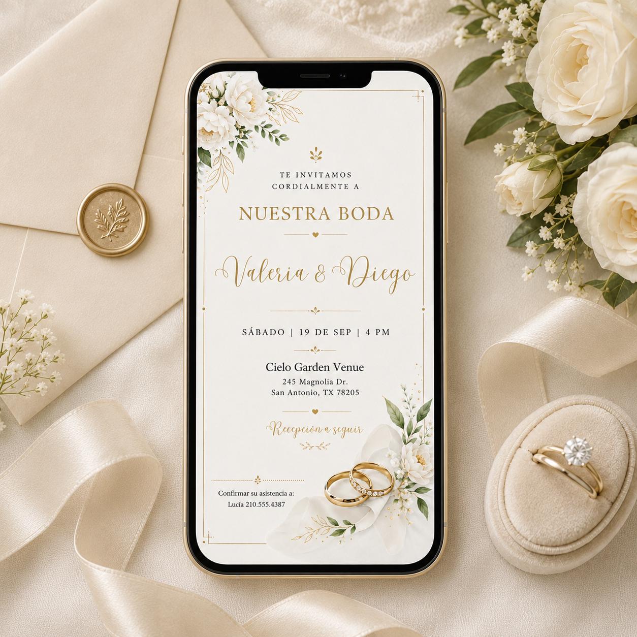 Invitación para Boda en Español para Editar, Elegant White Floral Engagement Ring Spanish Wedding Invitation Editable Wedding Canva Template __etsy:8080511115