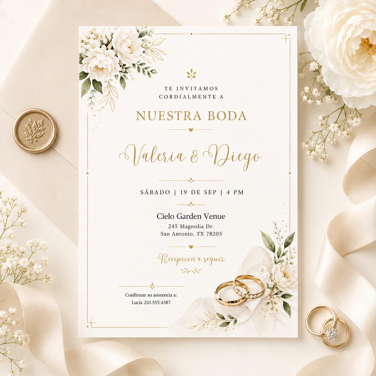 Invitación para Boda en Español para Editar, Elegant White Floral Engagement Ring Spanish Wedding Invitation Editable Wedding Canva Template __etsy:8080511057