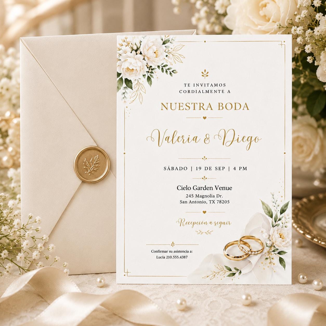 Invitación para Boda en Español para Editar, Elegant White Floral Engagement Ring Spanish Wedding Invitation Editable Wedding Canva Template __etsy:8032600086