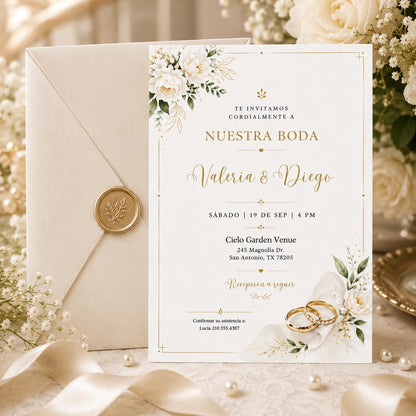 Invitación para Boda en Español para Editar, Elegant White Floral Engagement Ring Spanish Wedding Invitation Editable Wedding Canva Template __etsy:8032600086