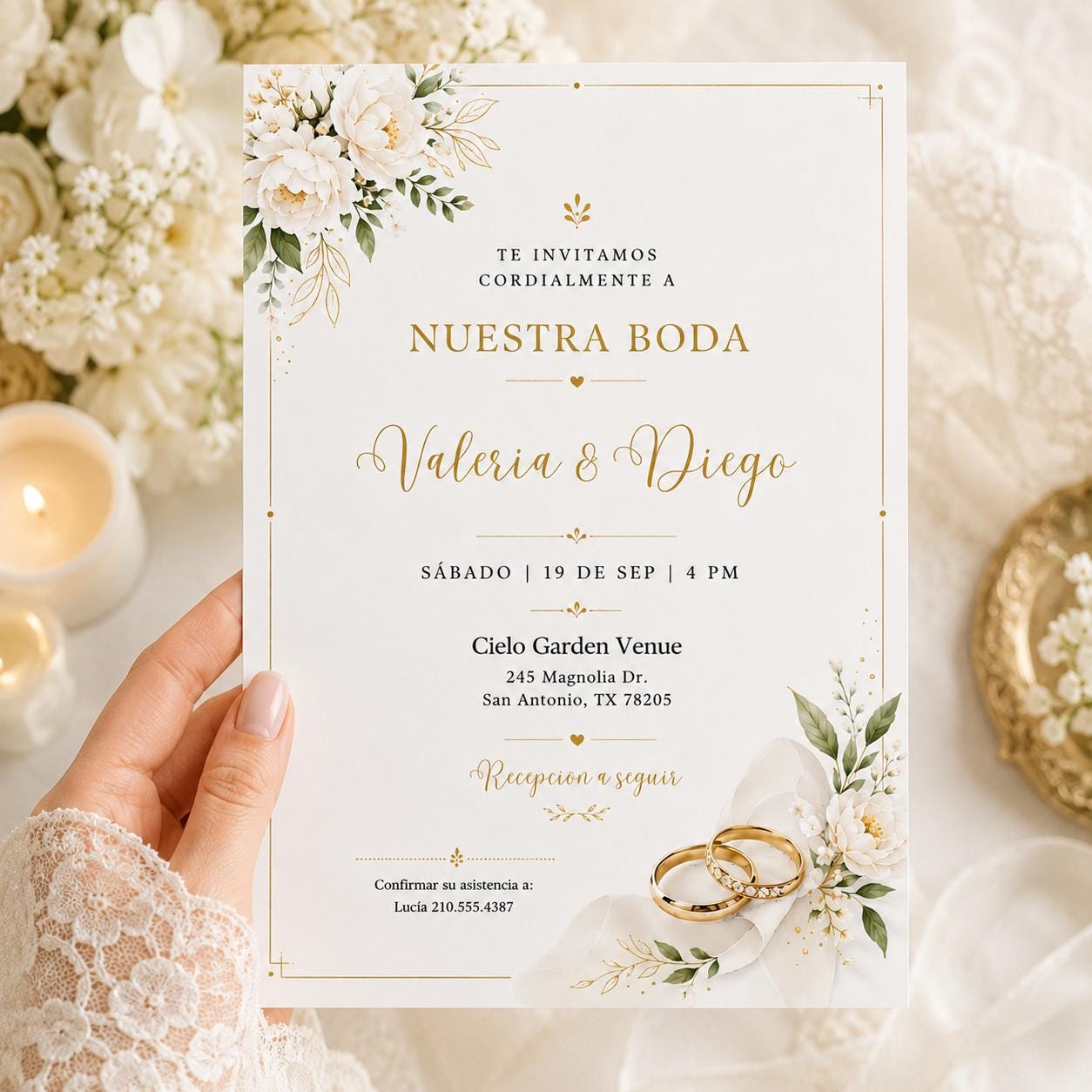 Invitación para Boda en Español para Editar, Elegant White Floral Engagement Ring Spanish Wedding Invitation Editable Wedding Canva Template __etsy:8080511049