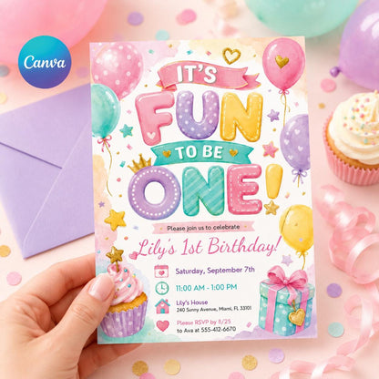 It’s Fun to Be One Birthday Invitation, Disco First Birthday Invite, One Year Old Party Invitation, Fun to Be One Canva Invite __etsy:8059632131