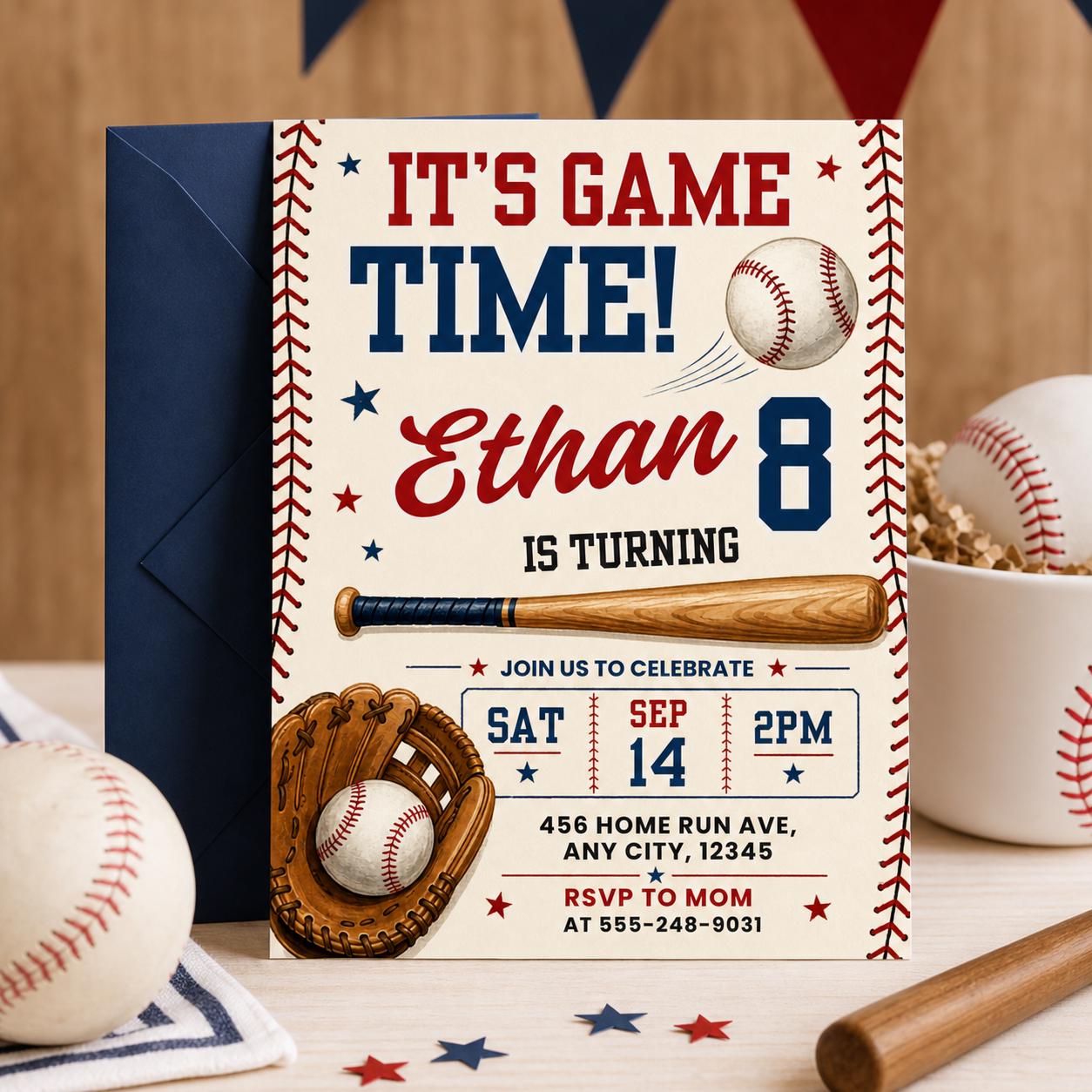 It’s Game Time Birthday Invitation, Sports Party Invite, Baseball 9th Birthday Invitation , Editable Canva Template __etsy:8029987859