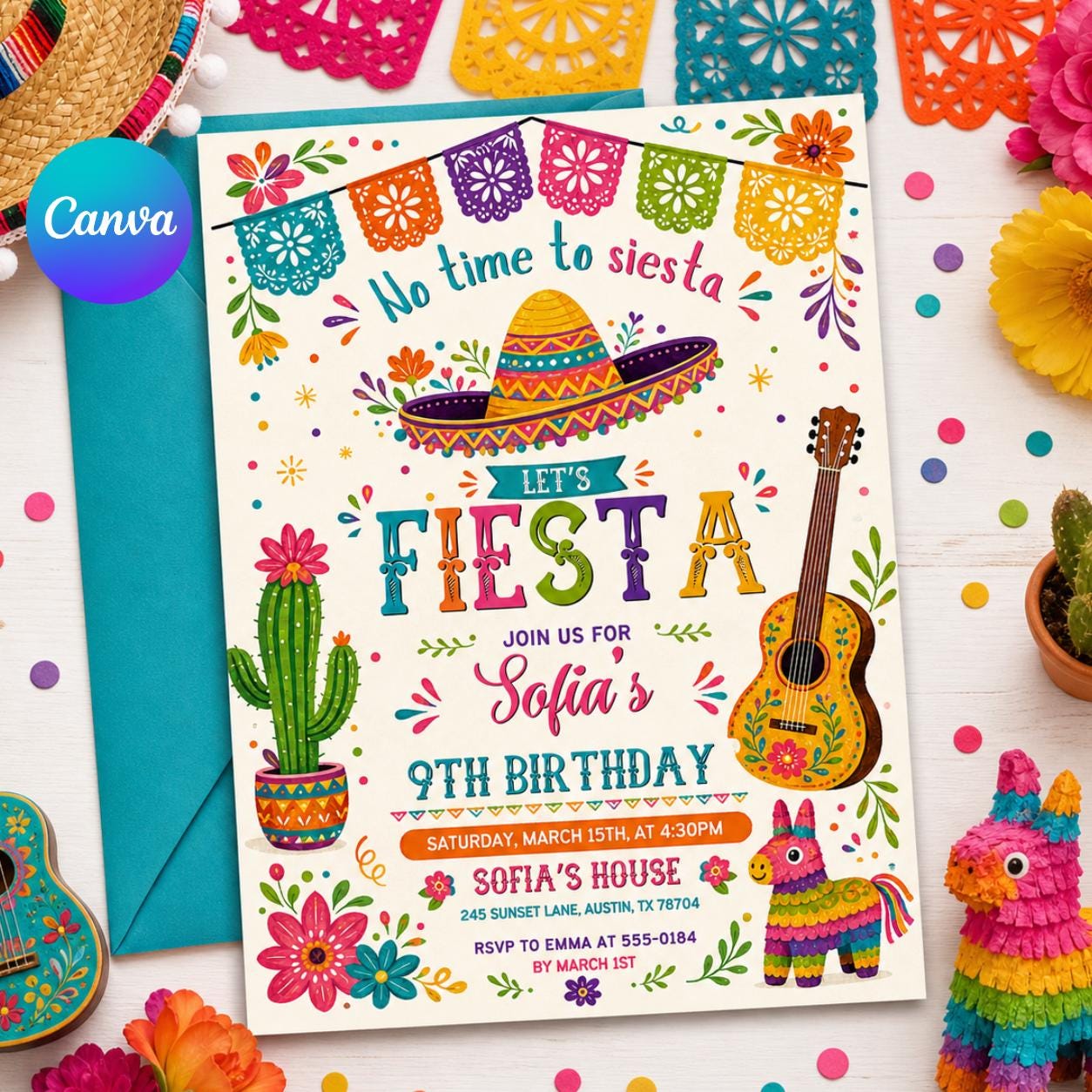 It's Time to Fiesta Birthday Invitation, Mexican Fiesta Party Invite, Fiesta Birthday Invitation, Mexican birthday, Editable Canva Template __etsy:8035897911