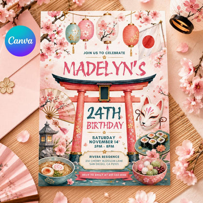 Japanese Themed Birthday Invitation, Hibachi Party Invite, Sushi Birthday, Asian Cherry Blossoms, Japanese Asian Themed, Editable Canva __etsy:8056615209