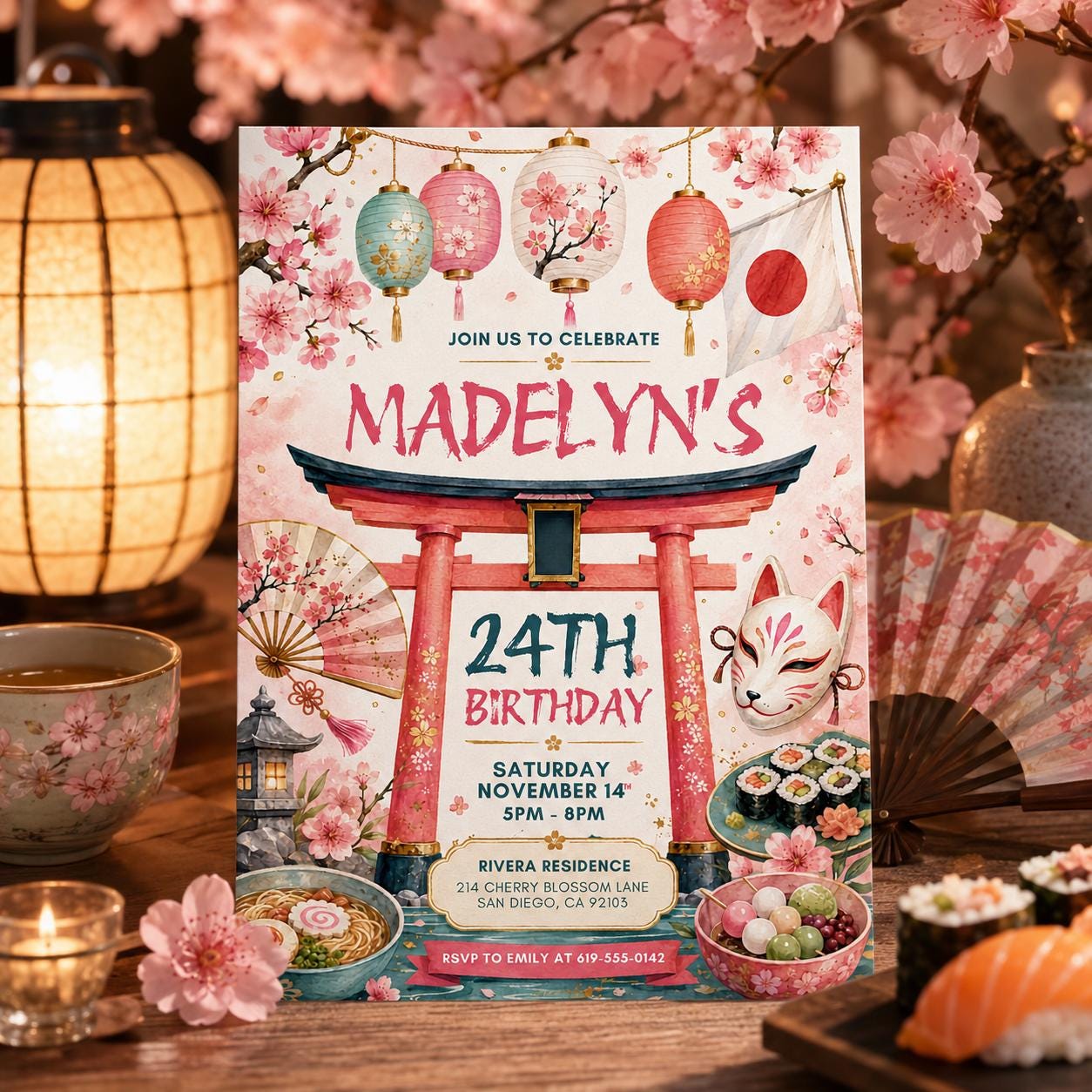 Japanese Themed Birthday Invitation, Hibachi Party Invite, Sushi Birthday, Asian Cherry Blossoms, Japanese Asian Themed, Editable Canva __etsy:8008696138