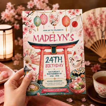 Japanese Themed Birthday Invitation, Hibachi Party Invite, Sushi Birthday, Asian Cherry Blossoms, Japanese Asian Themed, Editable Canva __etsy:8008696208