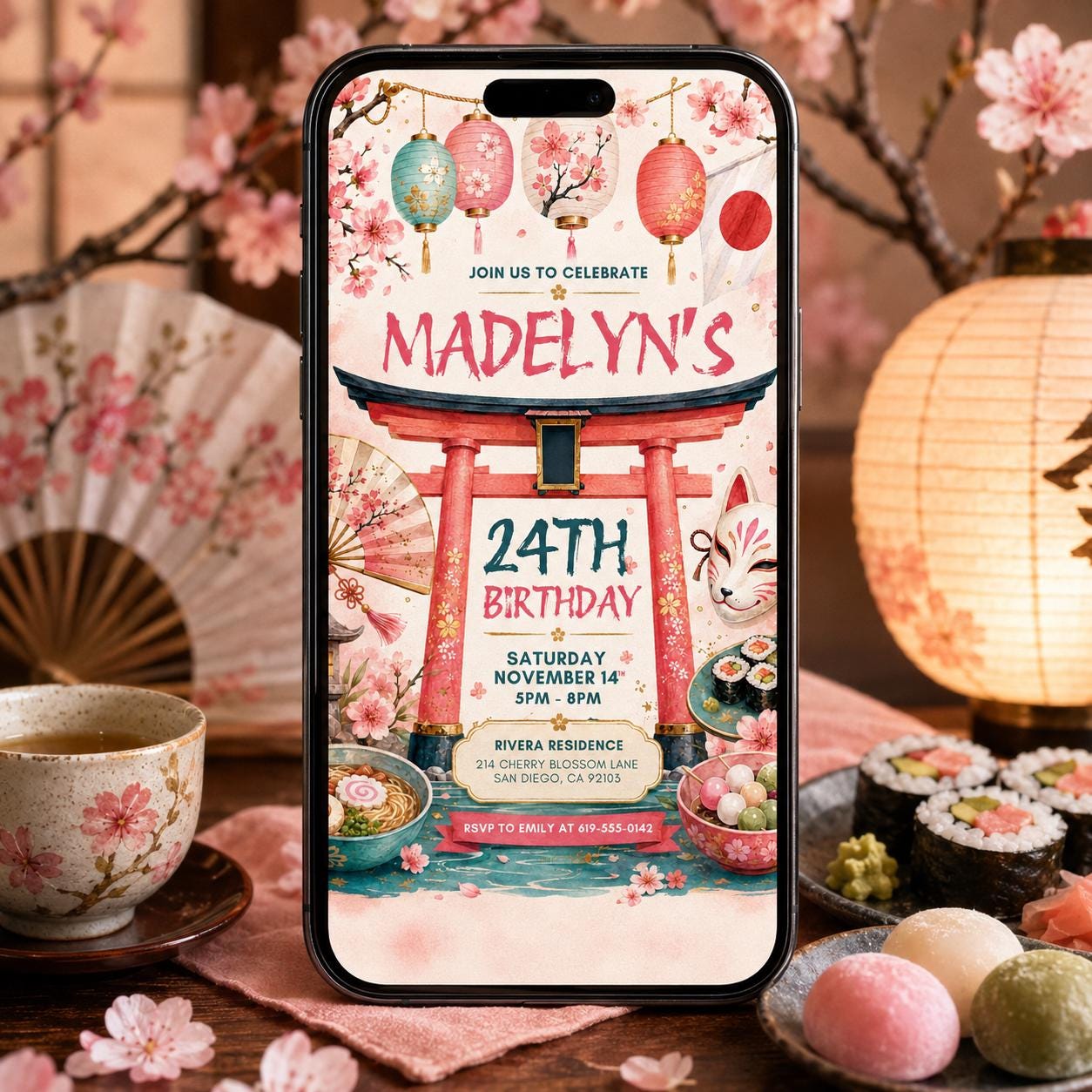 Japanese Themed Birthday Invitation, Hibachi Party Invite, Sushi Birthday, Asian Cherry Blossoms, Japanese Asian Themed, Editable Canva __etsy:8056613831