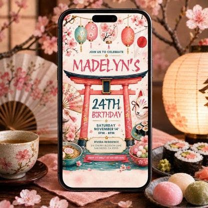 Japanese Themed Birthday Invitation, Hibachi Party Invite, Sushi Birthday, Asian Cherry Blossoms, Japanese Asian Themed, Editable Canva __etsy:8056613831