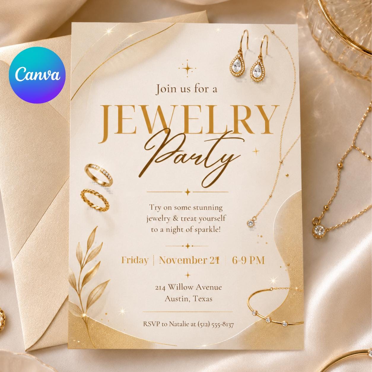 Jewelry Party Invitation Template, Editable Canva Invite, Printable Gold Jewelry Theme, Gold Theme, Editable Canva Template __etsy:8032907880