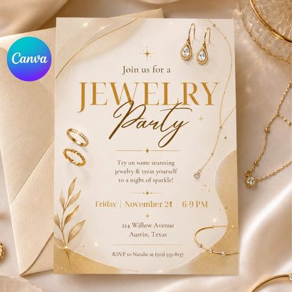 Jewelry Party Invitation Template, Editable Canva Invite, Printable Gold Jewelry Theme, Gold Theme, Editable Canva Template __etsy:8032907880