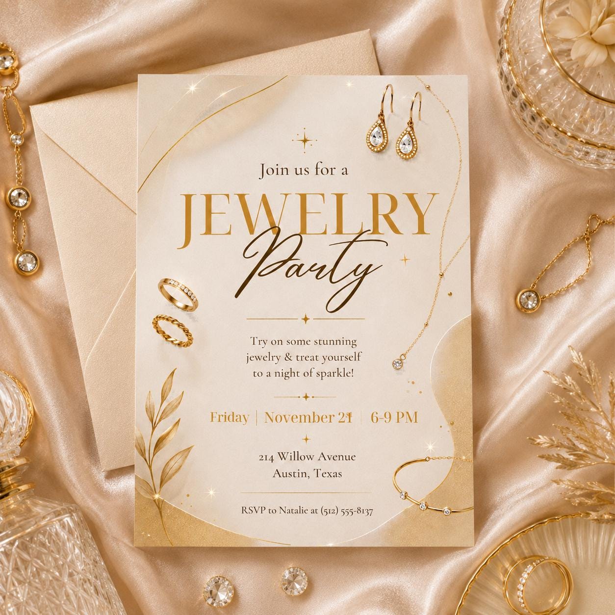 Jewelry Party Invitation Template, Editable Canva Invite, Printable Gold Jewelry Theme, Gold Theme, Editable Canva Template __etsy:8032905438