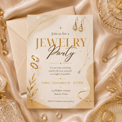 Jewelry Party Invitation Template, Editable Canva Invite, Printable Gold Jewelry Theme, Gold Theme, Editable Canva Template __etsy:8032905438