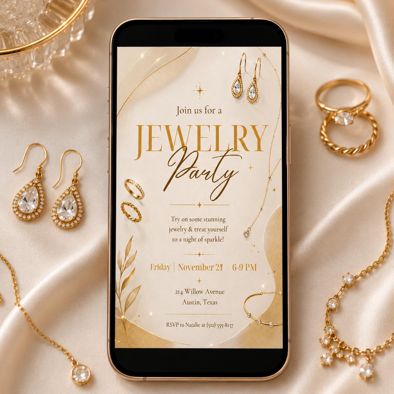 Jewelry Party Invitation Template, Editable Canva Invite, Printable Gold Jewelry Theme, Gold Theme, Editable Canva Template __etsy:8080818645