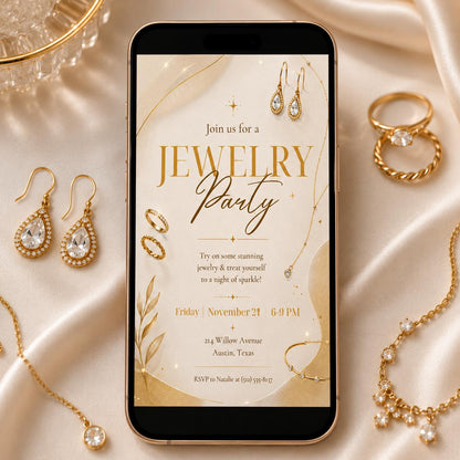 Jewelry Party Invitation Template, Editable Canva Invite, Printable Gold Jewelry Theme, Gold Theme, Editable Canva Template __etsy:8080818645