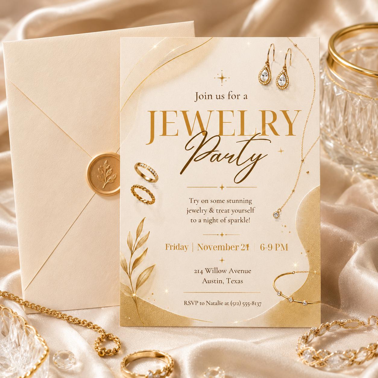 Jewelry Party Invitation Template, Editable Canva Invite, Printable Gold Jewelry Theme, Gold Theme, Editable Canva Template __etsy:8032906714