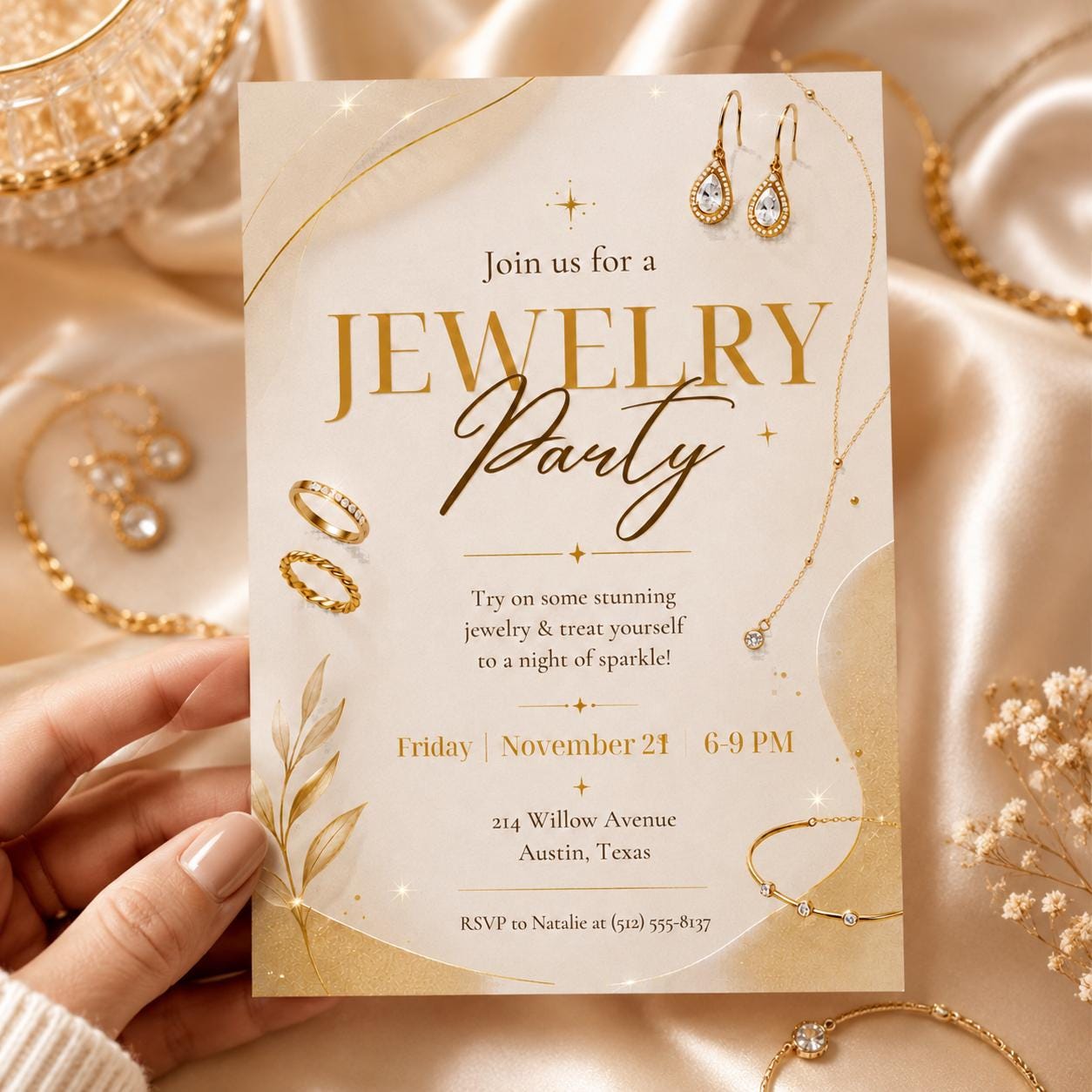 Jewelry Party Invitation Template, Editable Canva Invite, Printable Gold Jewelry Theme, Gold Theme, Editable Canva Template __etsy:8080818589